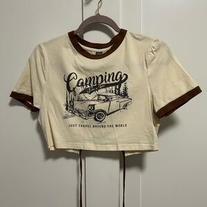 SHEIN Cream and Brown Camping Graphic Women’s Crop Top